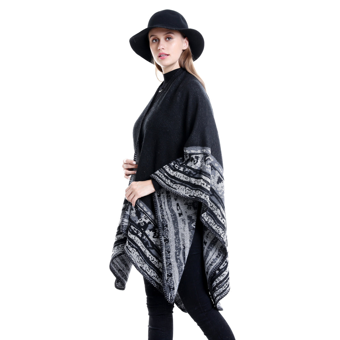 Damen Weichfallende Oversize-Ruana im Umhangstil mit ornamentaler Bordüre Drune