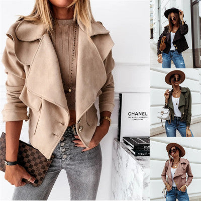 Damen Cropped Velourslederjacke mit weitem Revers und goldenen Zierknöpfen Drune
