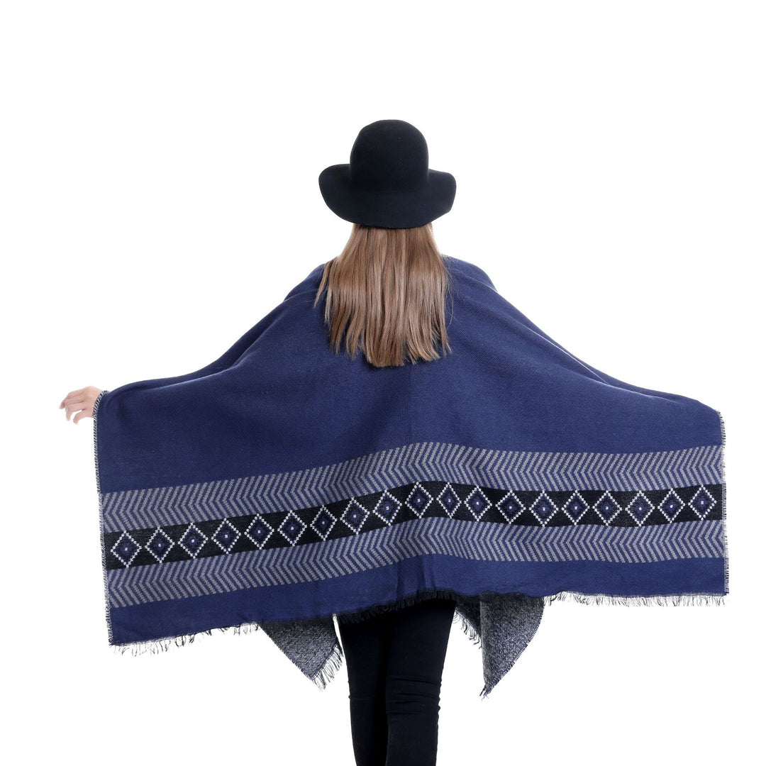 Damen Jacquard‑Ruana mit floralem Motiv, doppellagig und Fransensaum Drune