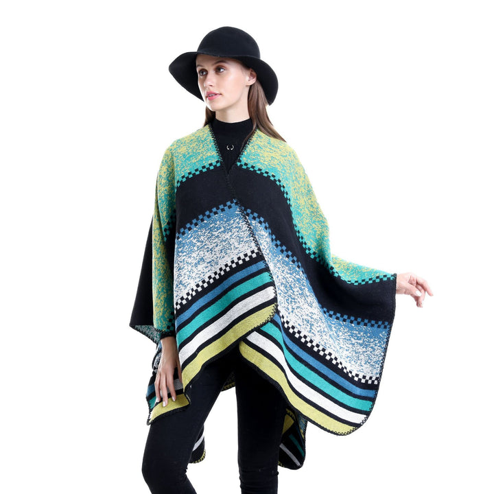 Damen Jacquard-Ruana Poncho im Oversize mit grafischem Streifen- und Ornamentmuster Drune