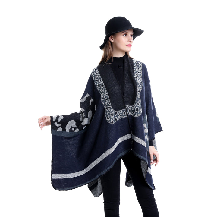 Damen Jacquard-Wollmix Ruana-Poncho mit V-Ausschnitt und Ziernaht Drune