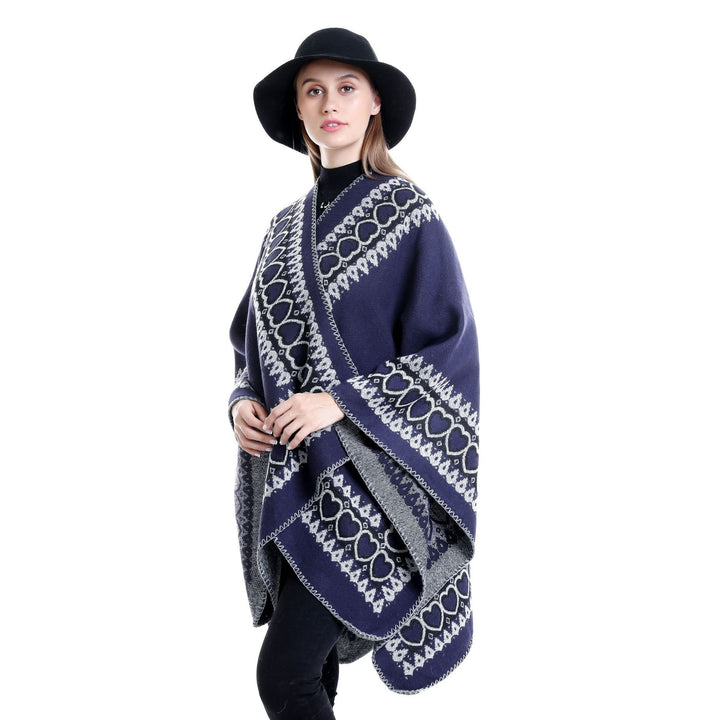 Damen Ruana im Kaschmir‑Touch mit Herz‑Jacquard und offenem V‑Fall Drune
