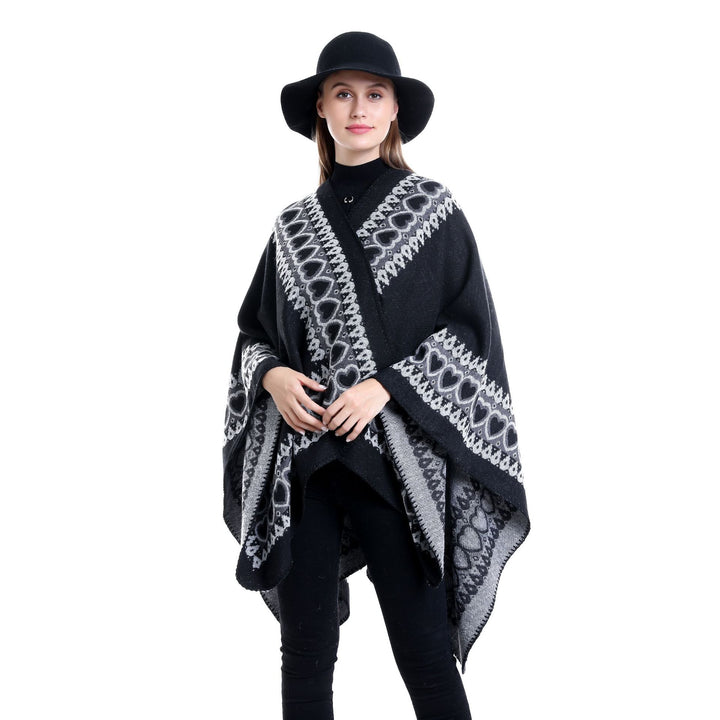 Damen Ruana im Kaschmir‑Touch mit Herz‑Jacquard und offenem V‑Fall Drune