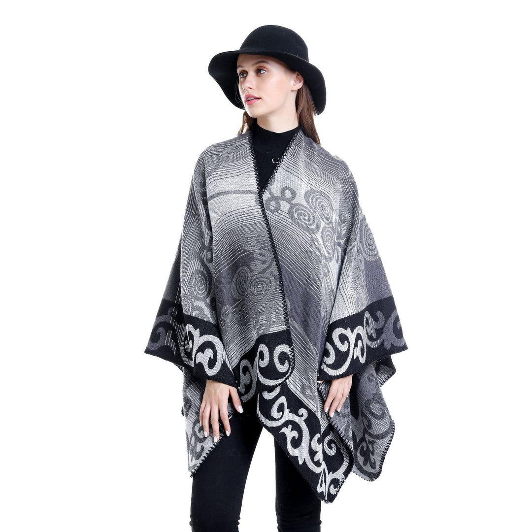 Damen Jacquard‑Ruana‑Poncho aus Wollmix mit asymmetrischem Zipfelsaum Drune