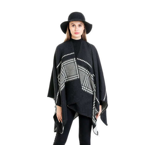Damen Jacquard-Wollmix-Ruana mit offenem Kimono-Fall und dekorativer Kettelnaht Drune