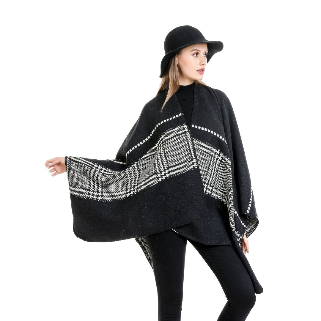 Damen Jacquard-Wollmix-Ruana mit offenem Kimono-Fall und dekorativer Kettelnaht Drune