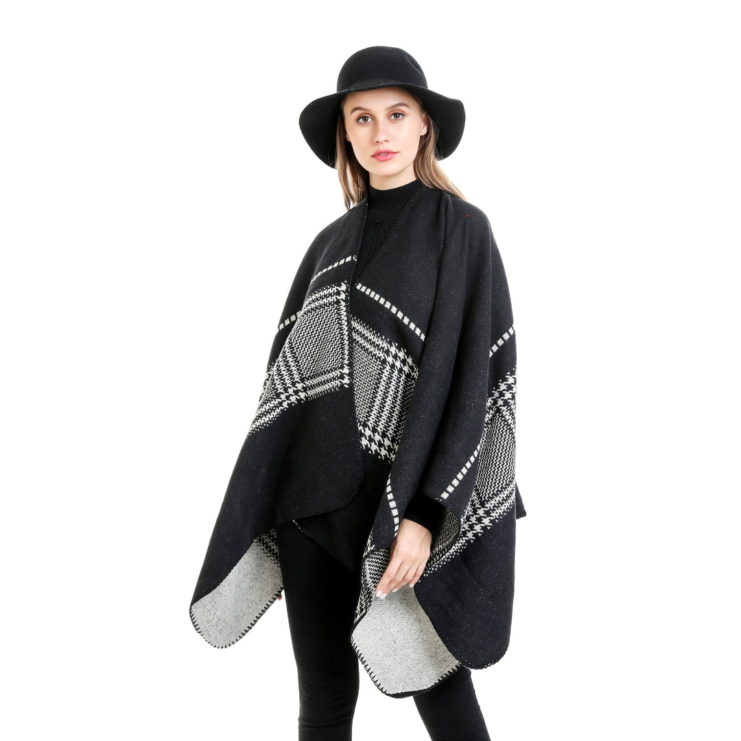 Damen Jacquard-Wollmix-Ruana mit offenem Kimono-Fall und dekorativer Kettelnaht Drune