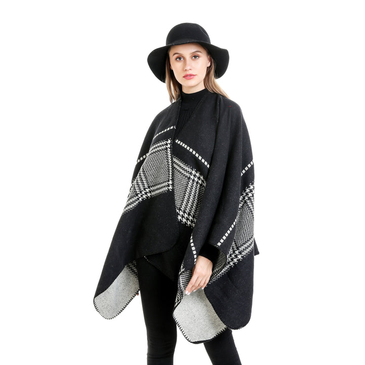Damen Jacquard-Wollmix-Ruana mit offenem Kimono-Fall und dekorativer Kettelnaht Drune