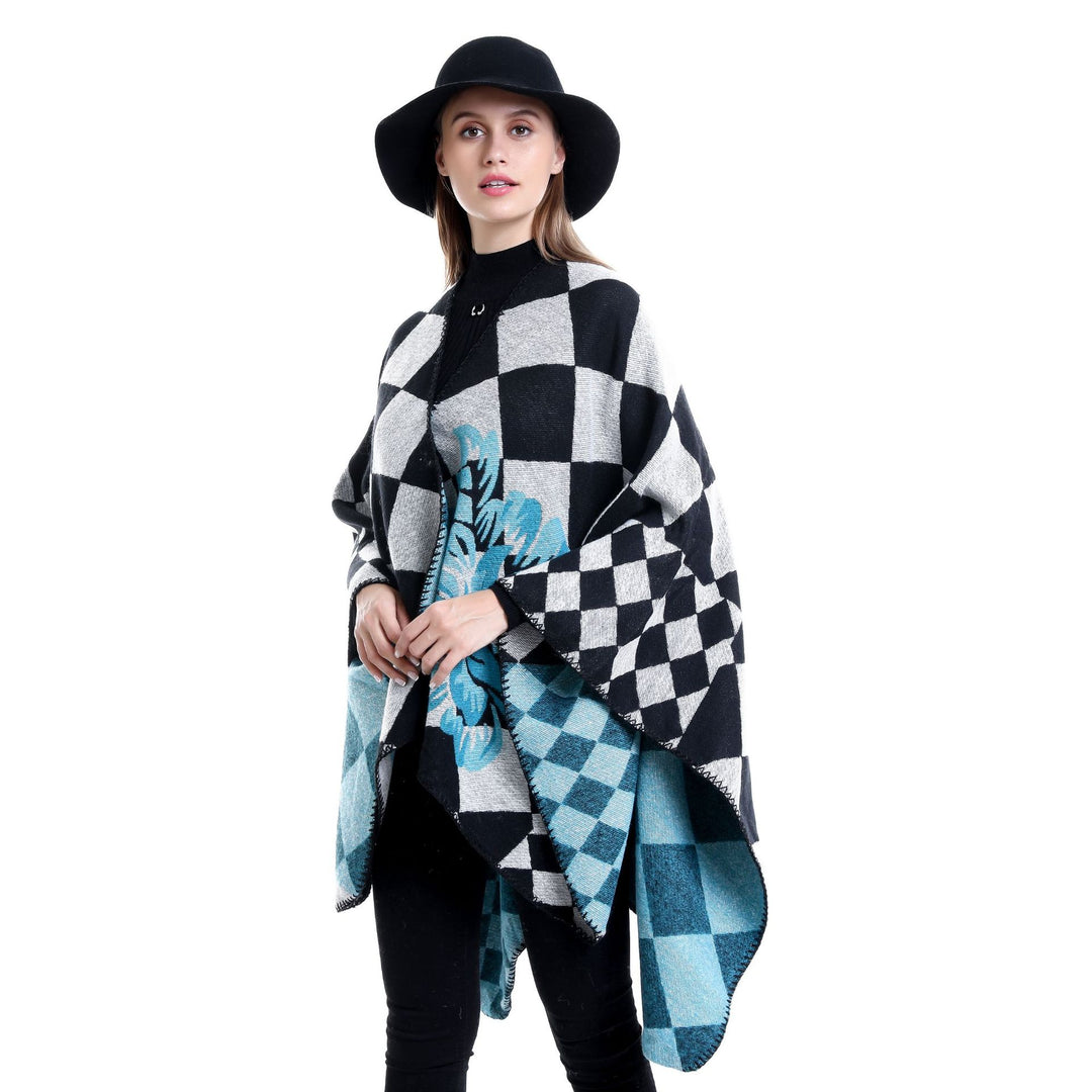 Damen Oversize-Ruana im Jacquard mit Karomuster und floralem Allover Drune