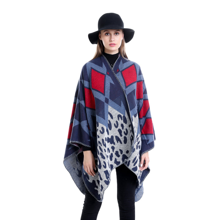 Damen Oversize-Ruana-Poncho mit geometrischem und Animal-Jacquard Drune