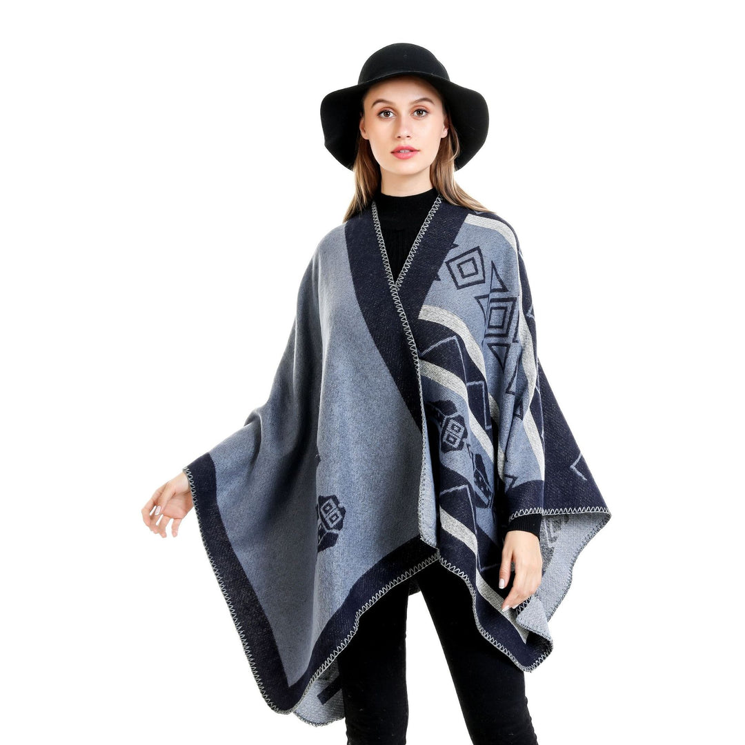 Damen Leichter Ruana-Überwurf mit geometrischem Jacquard und Zipfelsaum Drune