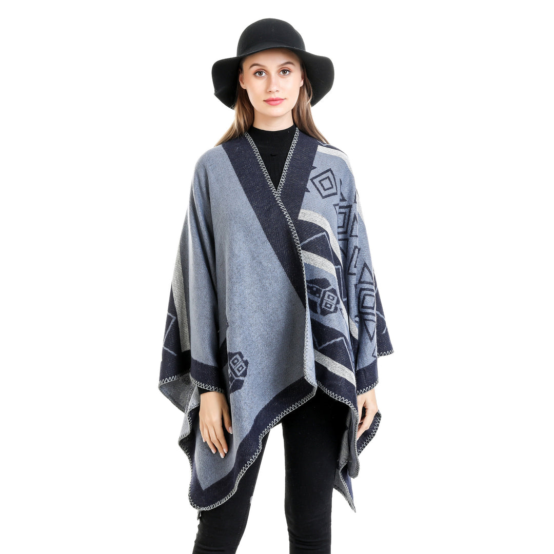 Damen Leichter Ruana-Überwurf mit geometrischem Jacquard und Zipfelsaum Drune