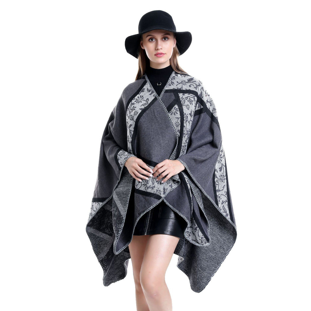 Damen Jacquard-Umhangponcho mit floraler Intarsie und offener Ruana-Silhouette Drune