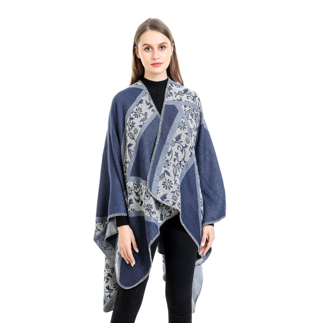 Damen Jacquard-Umhangponcho mit floraler Intarsie und offener Ruana-Silhouette Drune
