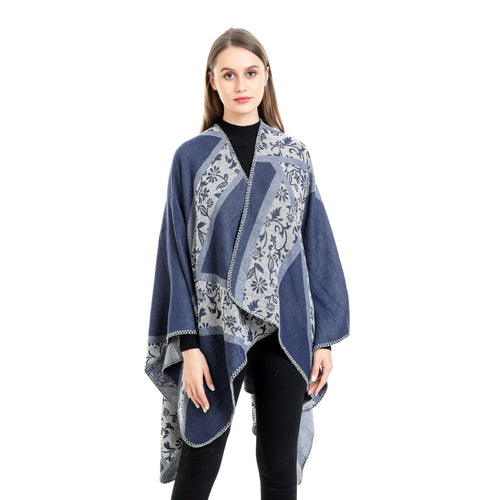 Damen Jacquard-Umhangponcho mit floraler Intarsie und offener Ruana-Silhouette Drune