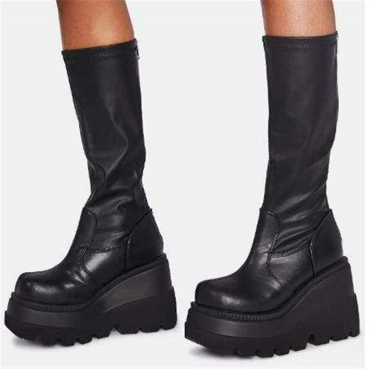 Damen Overknee-Plateau-Stiefel mit klobiger Lug-Sohle und seitlichem Reißverschluss Drune