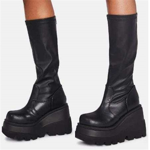 Damen Overknee-Plateau-Stiefel mit klobiger Lug-Sohle und seitlichem Reißverschluss Drune