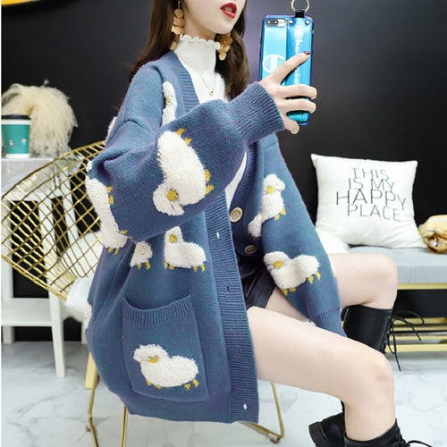Damen Lockere Strickjacke mit Tiermotiv und großen Knöpfen Drune