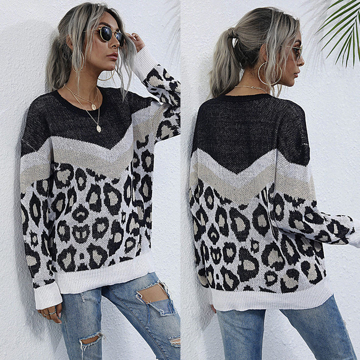 Damen Oversize Strickpullover mit Leopardenjacquard und kontrastierender V‑Blende Drune