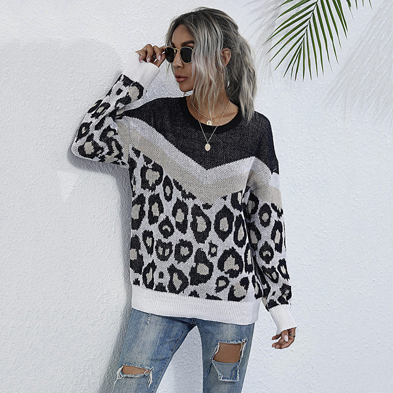 Damen Oversize-Feinstrickpullover mit Chevron-Detail und abstraktem Leoprint Drune