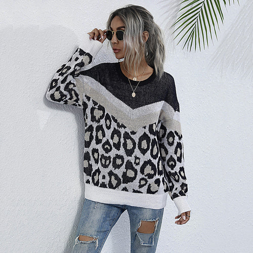 Damen Oversize Strickpullover mit Leopardenjacquard und kontrastierender V‑Blende Drune