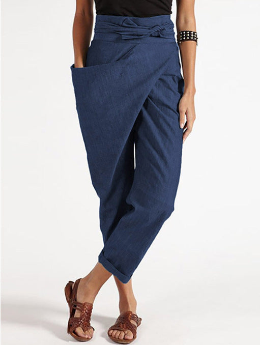 Damen nan Wickelhose aus Leinenmix mit hohem Taillenbund, überlappender Vorderseite und großzügiger Eingrifftasche Drune