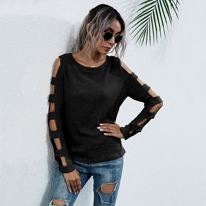 Damen Rippenstrick-Longsleeve mit Cut-Out-Ärmeln und Schulteröffnungen Drune