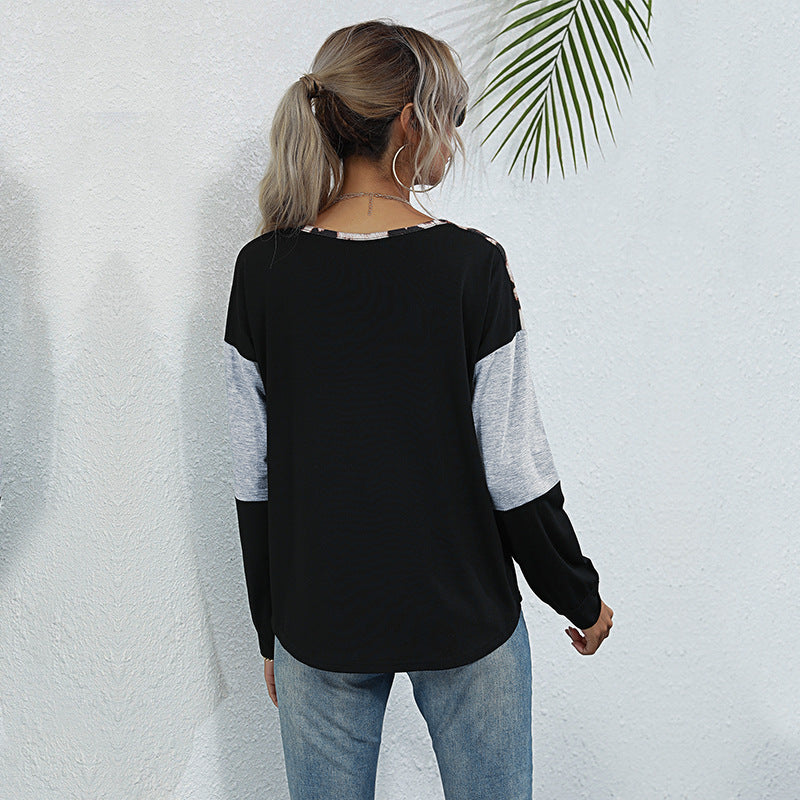 Damen Longsleeve Colorblock-Shirt mit Leo-Einsatz und Schnür-V-Ausschnitt Drune