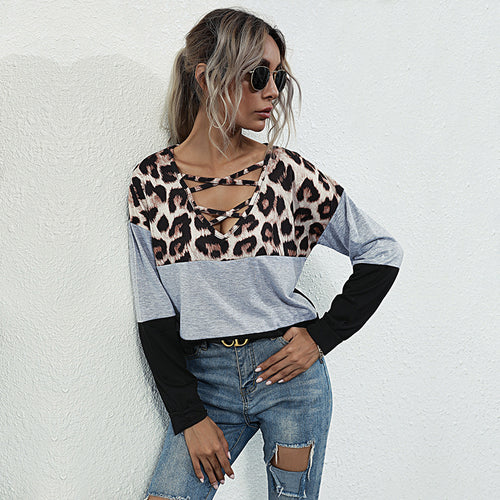 Damen Longsleeve Colorblock-Shirt mit Leo-Einsatz und Schnür-V-Ausschnitt Drune