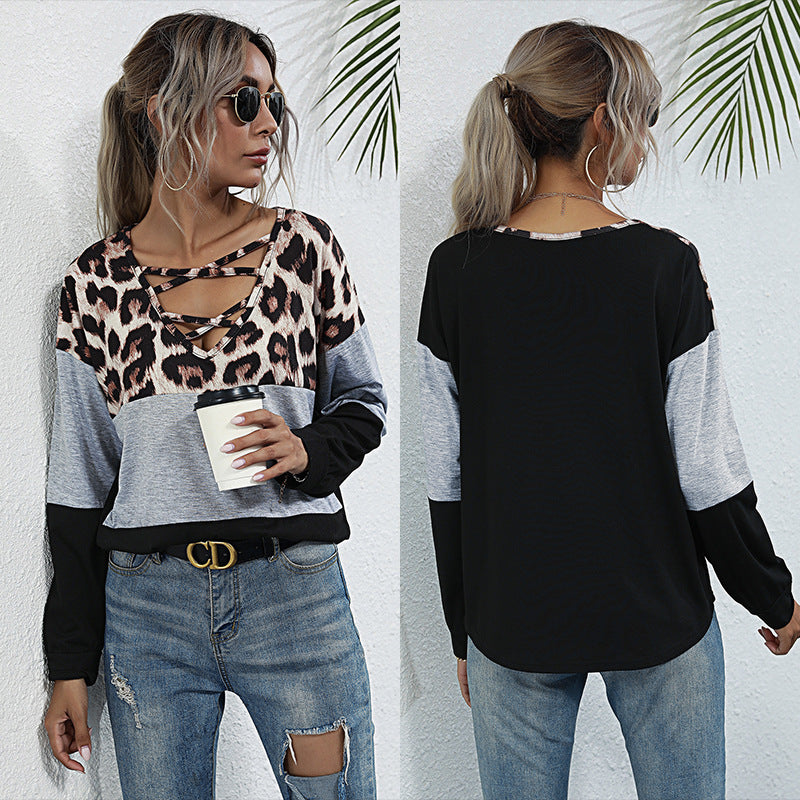 Damen Longsleeve Colorblock-Shirt mit Leo-Einsatz und Schnür-V-Ausschnitt Drune
