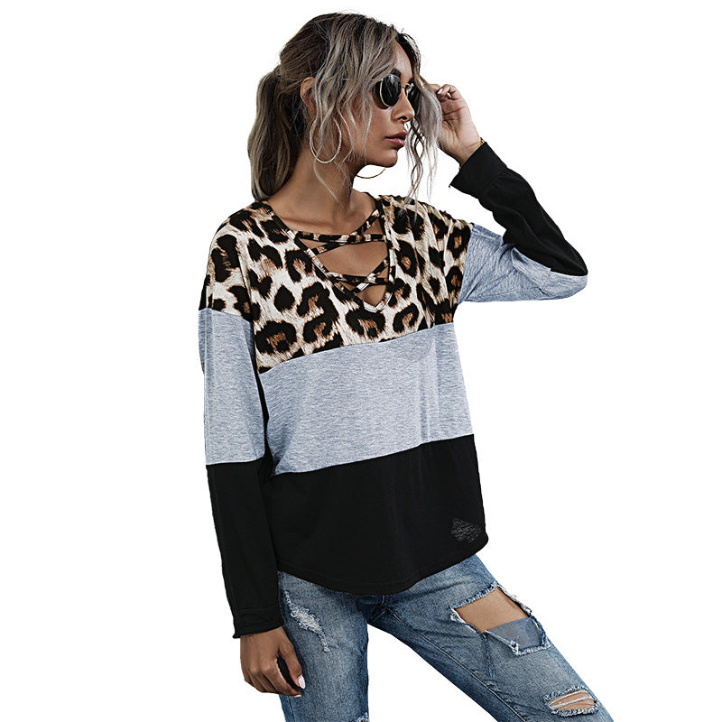 Damen Longsleeve Colorblock-Shirt mit Leo-Einsatz und Schnür-V-Ausschnitt Drune
