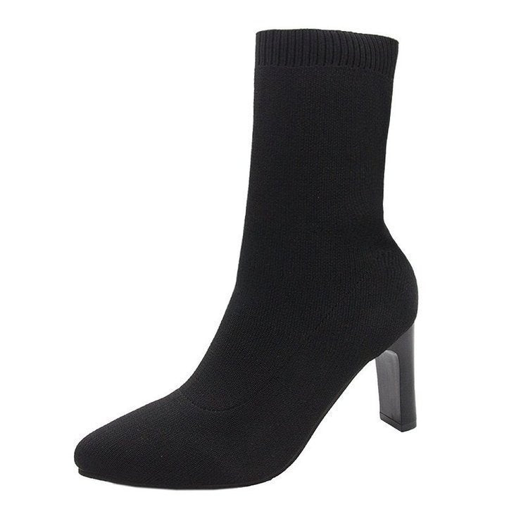 Damen nan gestrickte Sock-Boots mit spitzer Zehenpartie elastischem Schaft und mittelhohem Blockabsatz Drune