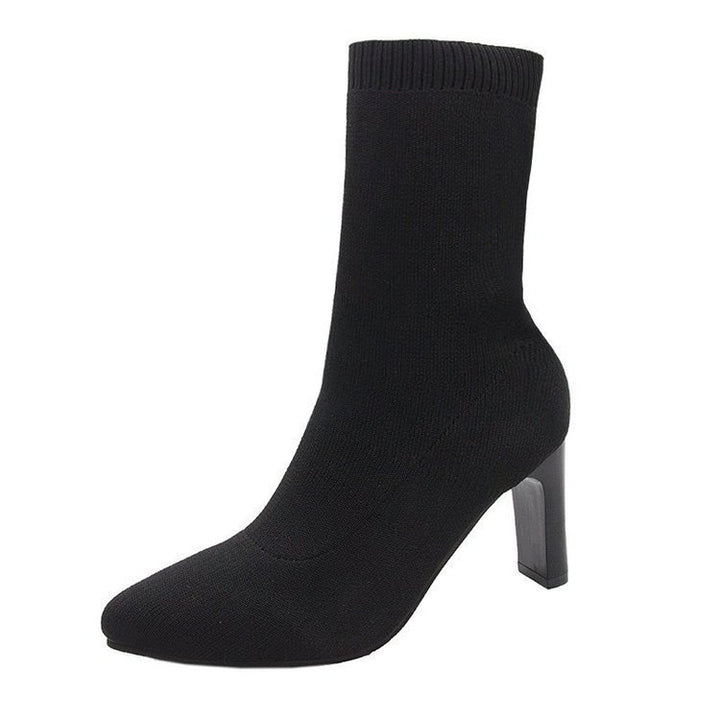 Damen nan gestrickte Sock-Boots mit spitzer Zehenpartie elastischem Schaft und mittelhohem Blockabsatz Drune