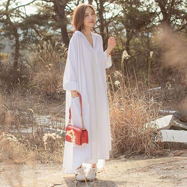 Damen Oversize-Hoodie-Hemdkleid mit verdeckter Knopfleiste, Seitentaschen und leichtem Fall Drune