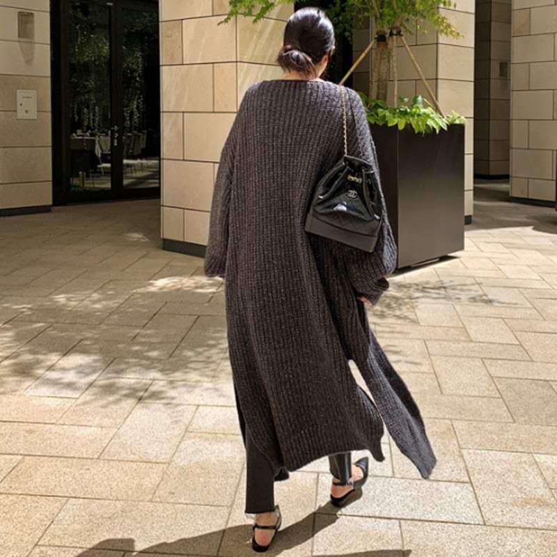 Damen Langer Grobstrick-Cardigan mit Oversize-Passform, Schalkragen und aufgesetzten Taschen Drune