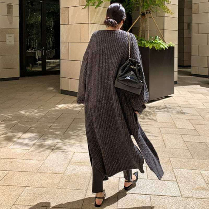 Damen Langer Grobstrick-Cardigan mit Oversize-Passform, Schalkragen und aufgesetzten Taschen Drune