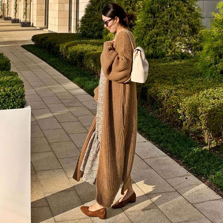 Damen Langer Grobstrick-Cardigan mit Oversize-Passform, Schalkragen und aufgesetzten Taschen Drune