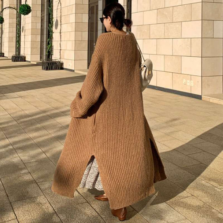 Damen Langer Grobstrick-Cardigan mit Oversize-Passform, Schalkragen und aufgesetzten Taschen Drune