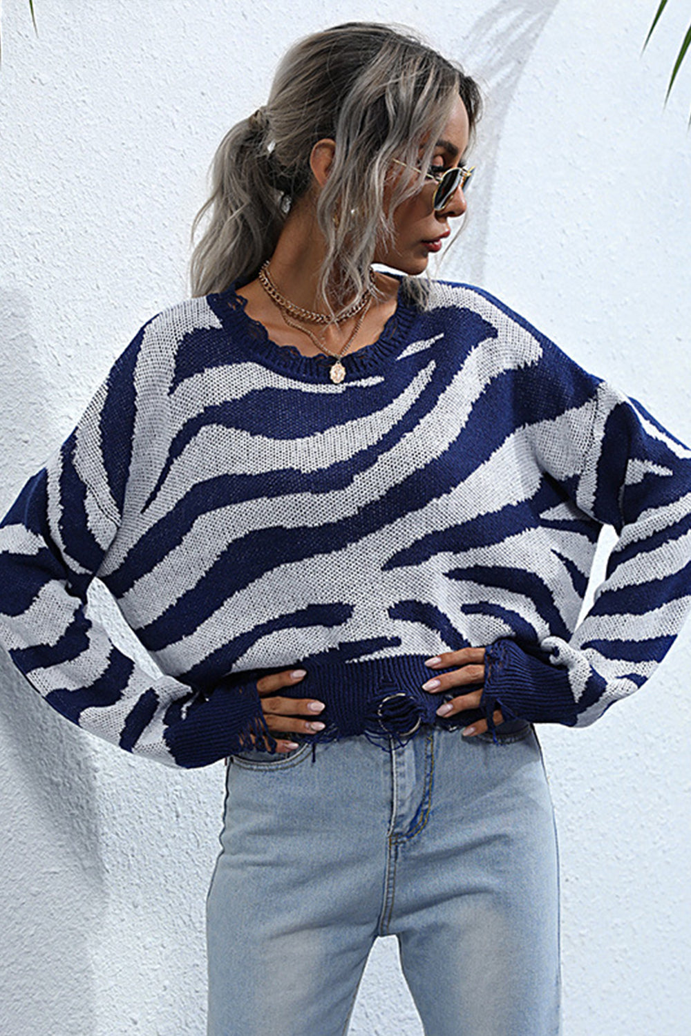 Drune Gestreifter Print Gestrickter Rundhalsausschnitt Pullover
