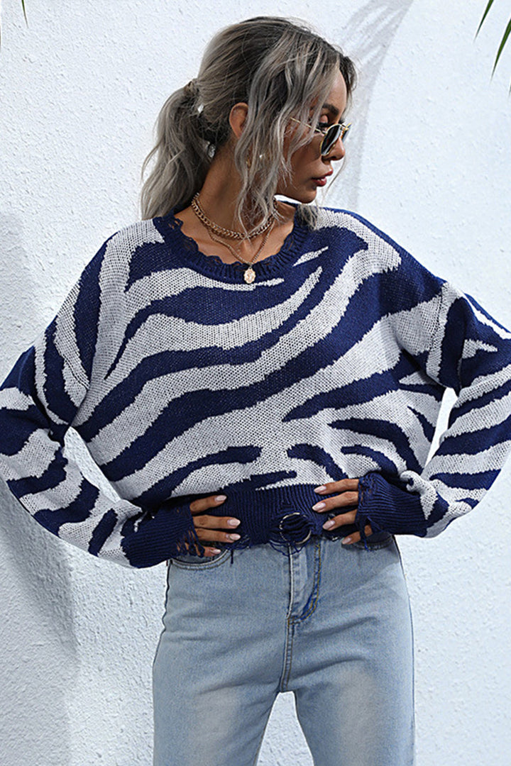 Drune Gestreifter Print Gestrickter Rundhalsausschnitt Pullover