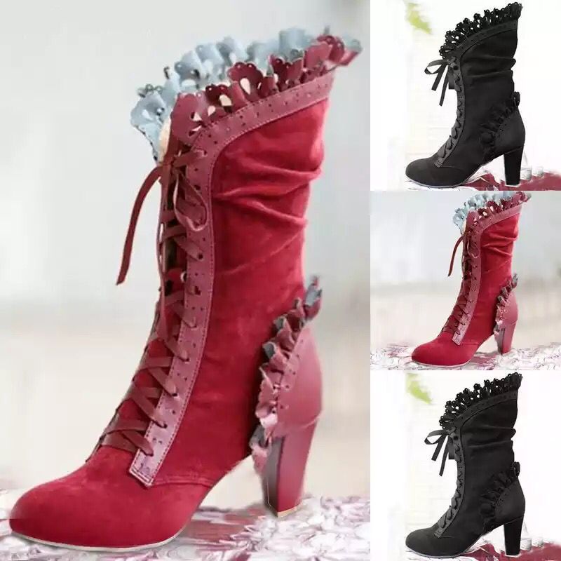 Damen Schnür‑Stiefelette mit Rüschenbesatz und mittelhohem Blockabsatz Drune