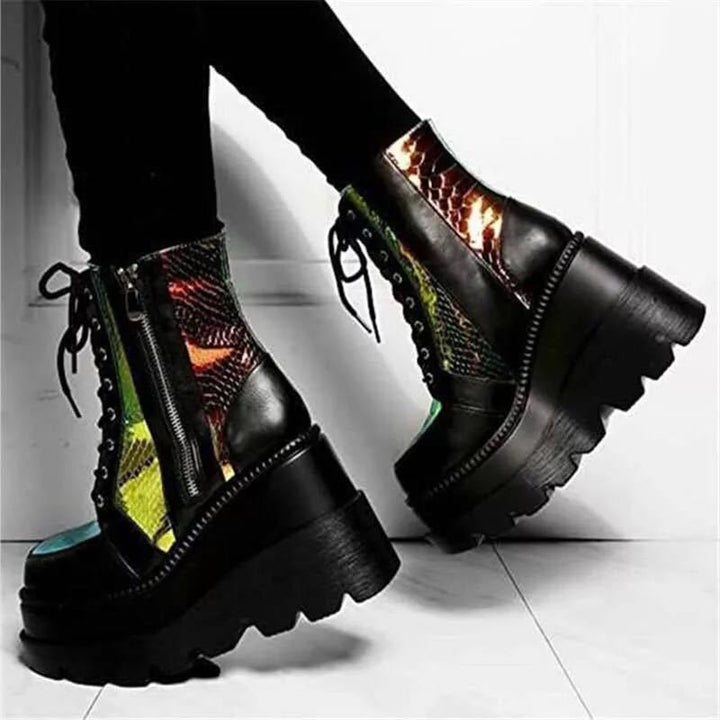 Damen nan Plateau-Bikerstiefel mit holografischen Einsätzen, Schnürung und seitlichem Reißverschluss Drune