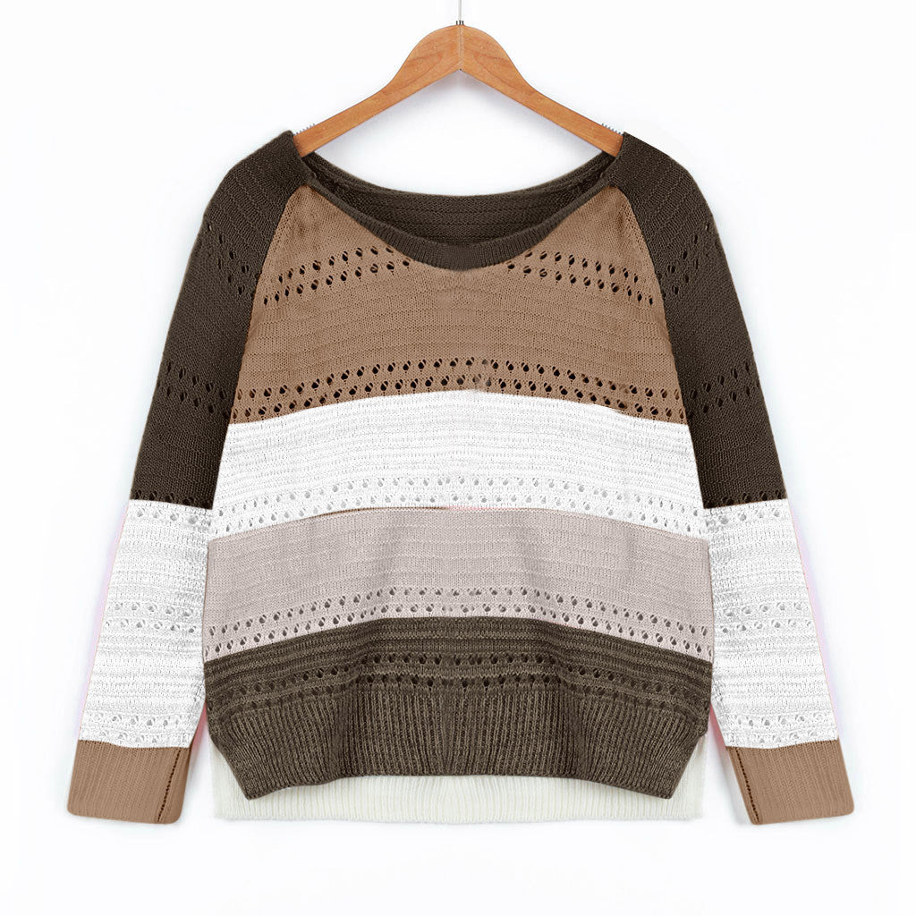Damen Strickpullover mit ausgefallenem Farbdesign und modischem Lochmuster Drune