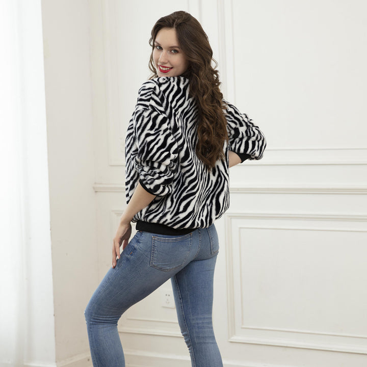 Damen Flauschiger weit geschnittener Pullover mit ZDrunera‑Alloverprint und Rippbündchen Drune
