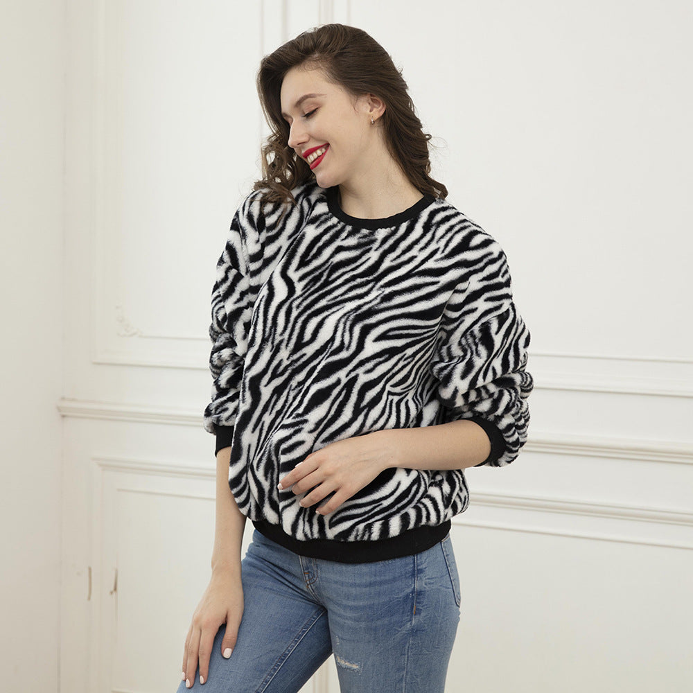 Damen Flauschiger weit geschnittener Pullover mit ZDrunera‑Alloverprint und Rippbündchen Drune