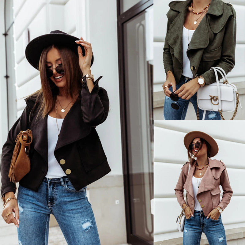 Damen Cropped Velourslederjacke mit weitem Revers und goldenen Zierknöpfen Drune