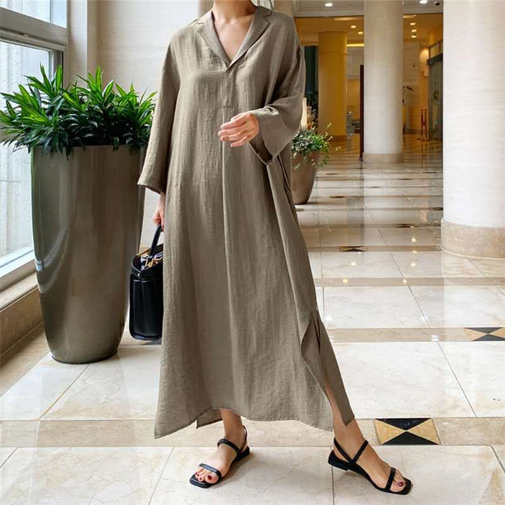 Damen Lockeres Leinen-Maxikleid mit Hemdkragen, V‑Ausschnitt und seitlichen Schlitzen Drune