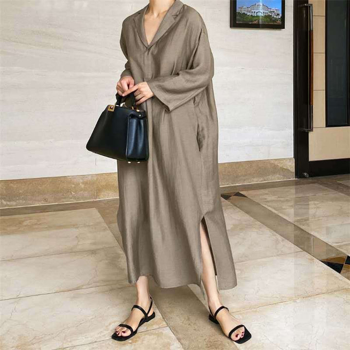 Damen Lockeres Leinen-Maxikleid mit Hemdkragen, V‑Ausschnitt und seitlichen Schlitzen Drune