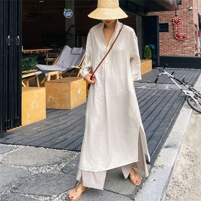 Damen Lockeres Leinen-Maxikleid mit Hemdkragen, V‑Ausschnitt und seitlichen Schlitzen Drune