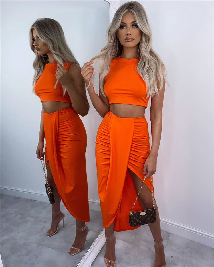 Modische Crop-Top Mischgewebe Midikleid-Set